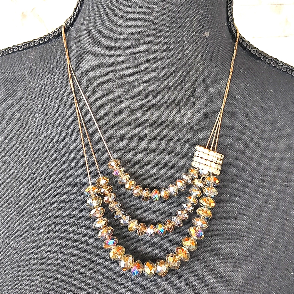 VTG 3-Strand Necklace Glass Beveled Beads Amber Iridescent, Rhinestones Sparkle